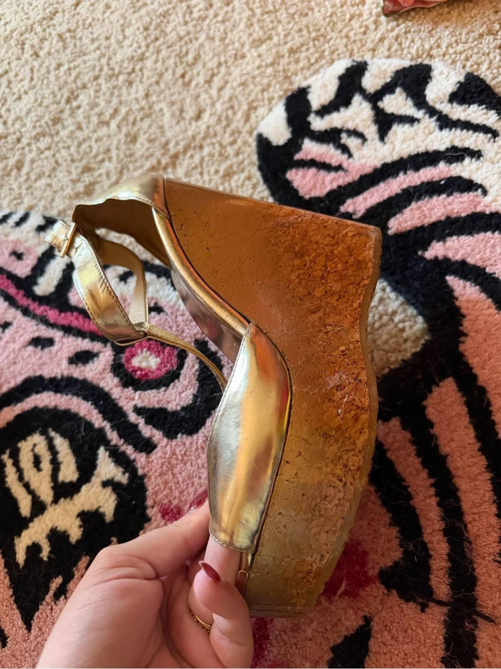 Jimmy Choo Metallic Gold Wedge Sandals with Ankle Strap